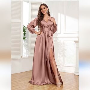 Love Bundle/Rose gold A-line long sleeves Satin Goddesses Gown